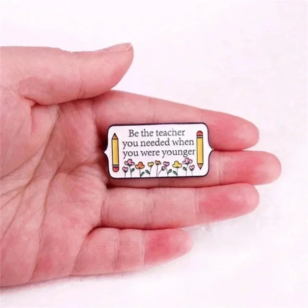 Purple with flowers and yellow pencil gift for a teacher enamel brooch pin